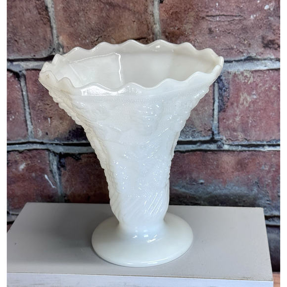 Vtg White Embossed Milk Glass Grape Vine Scalloped Edge Flared Pedestal Vase MCM - Picture 1 of 7